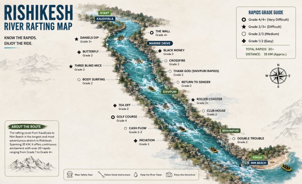 Rafting points in Rishikesh rough map showing rapids and starting points