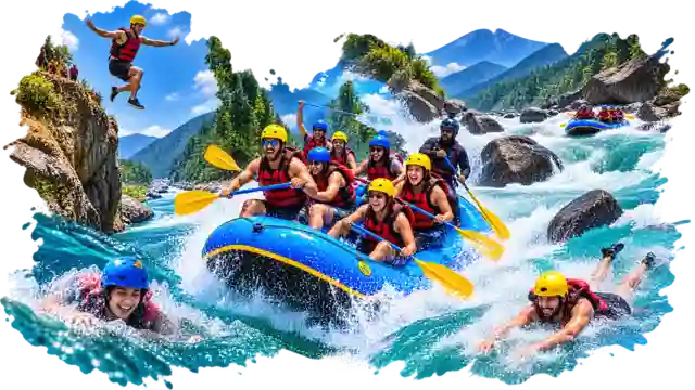 Visitors enjoying river rafting in rishikesh while cliff jumping, body surfing, and riding through rapids