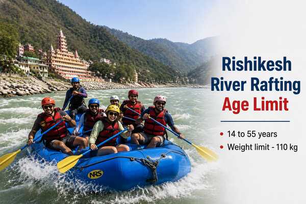 People enjoying river rafting through rapids in Rishikesh with the river rafting age limit displayed